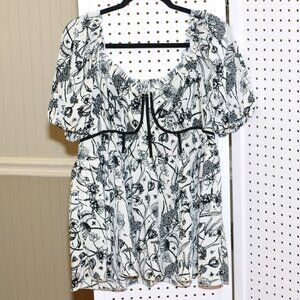 Plus Size 1X Shein Black & White Wildflower Floral Puff Sleeve Babydoll Top